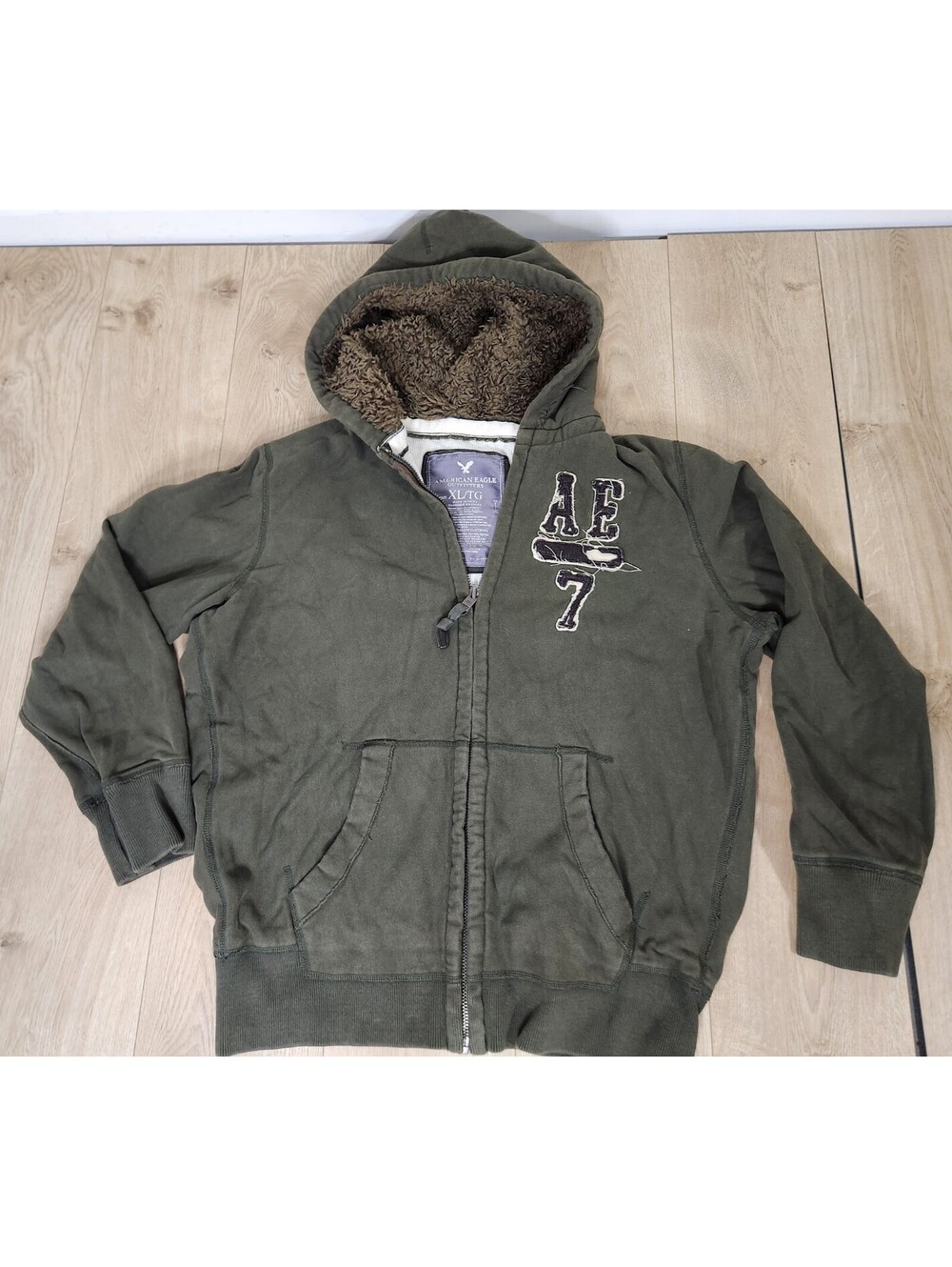 American Eagle Hoodie Sweatshirt Y2K Faux Fur Thermal Lined Zip Spellout XL